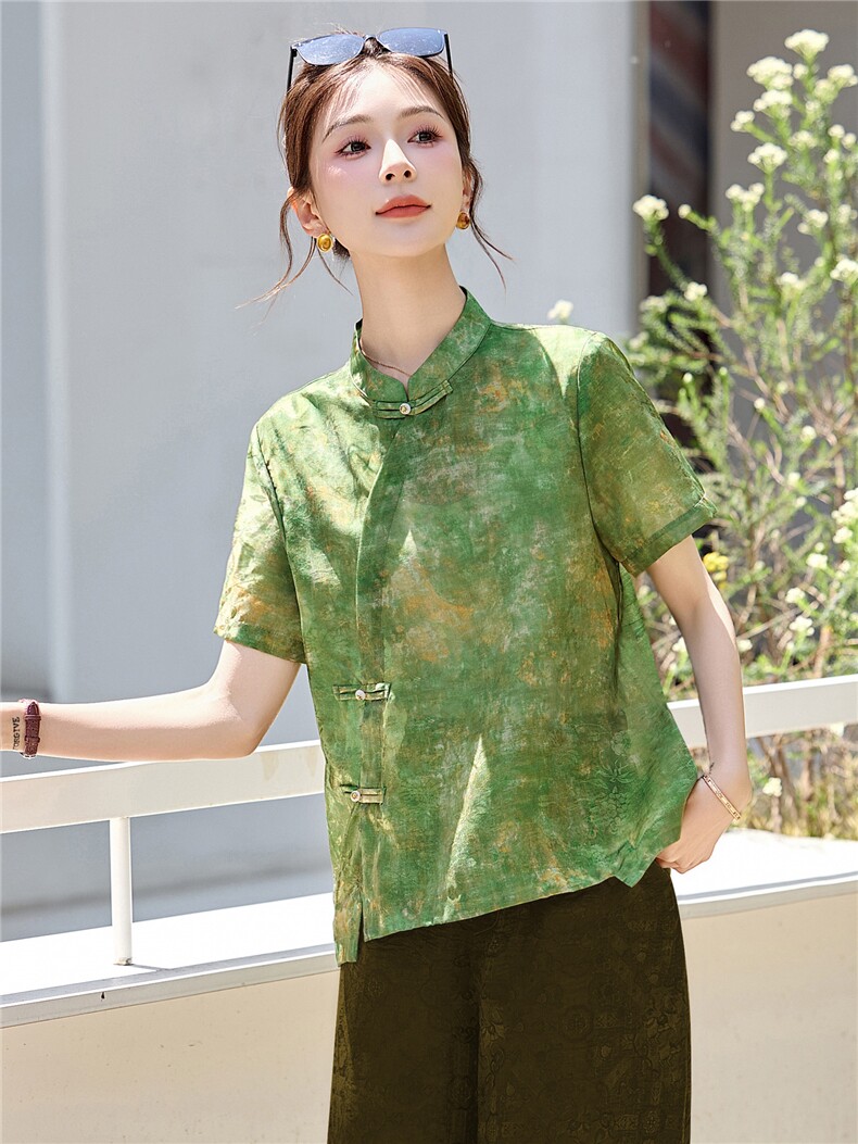 长期有货2026印花上衣女夏季薄款透气中袖衬衫中年妈妈宽松减龄潮,女装衬衫,璐依舞
