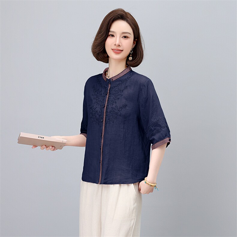 2025夏季新款时尚圆领拼色长袖衬衫女欧洲站高级感苎麻百搭上衣潮,女装衬衫,凝聚力