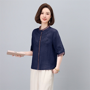 2025夏季新款时尚圆领拼色长袖衬衫女欧洲站高级感苎麻百搭上衣潮图片