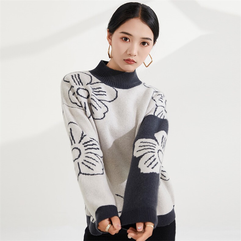 新款百搭时尚休闲气质羊绒衫半高领席纹套头上衣，女装羊绒衫，恒爱羊绒