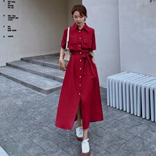2023年夏季新款茶歇法式桔梗初恋炸街仙女森系裙子红色衬衫连衣裙，女装连衣裙，柒柒家