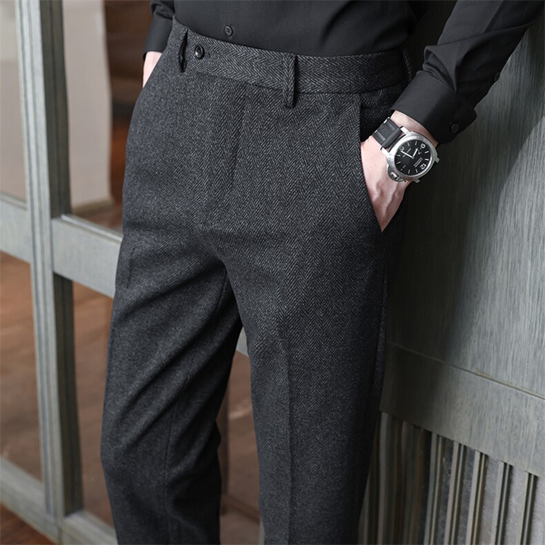 K3767-P70秋冬加厚毛呢料人字纹休闲男式长裤磨毛-黑色28-38码，男装休闲裤，电商A211