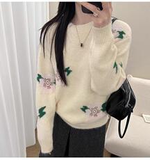 2025年秋季时尚百搭通勤简约休闲粉色小花毛衣，女装针织衫/毛衣，挚尚羊绒