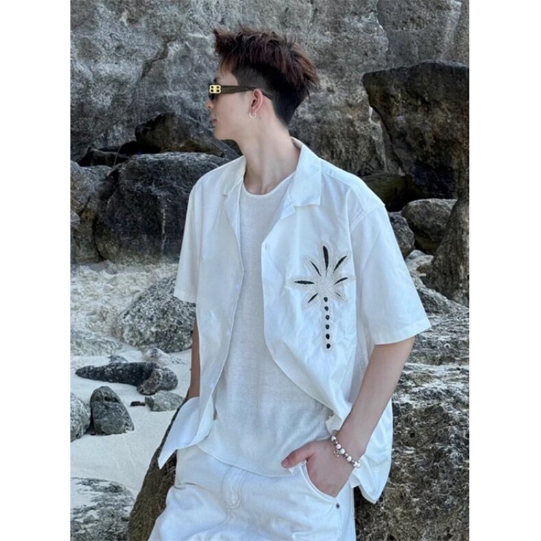 椰树刺绣短袖衬衣度假风宽松小众百搭外套短袖衬衫上衣 C22541图片