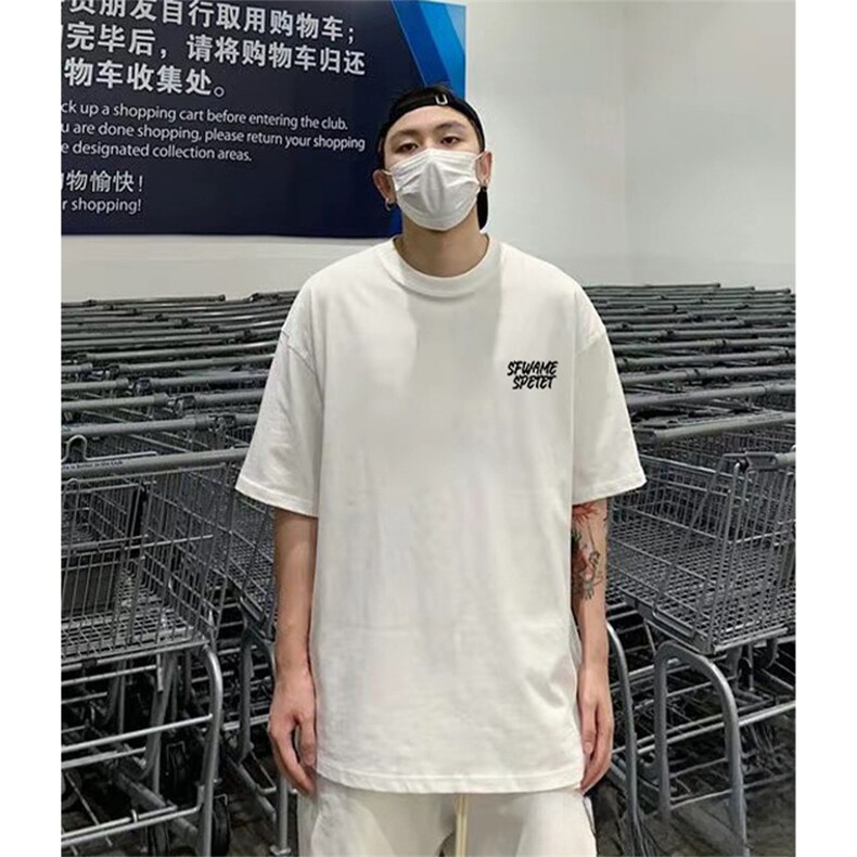 抖音得物 210克现货宽松纯棉美式潮牌印花落肩袖纯棉T恤AT21139图片