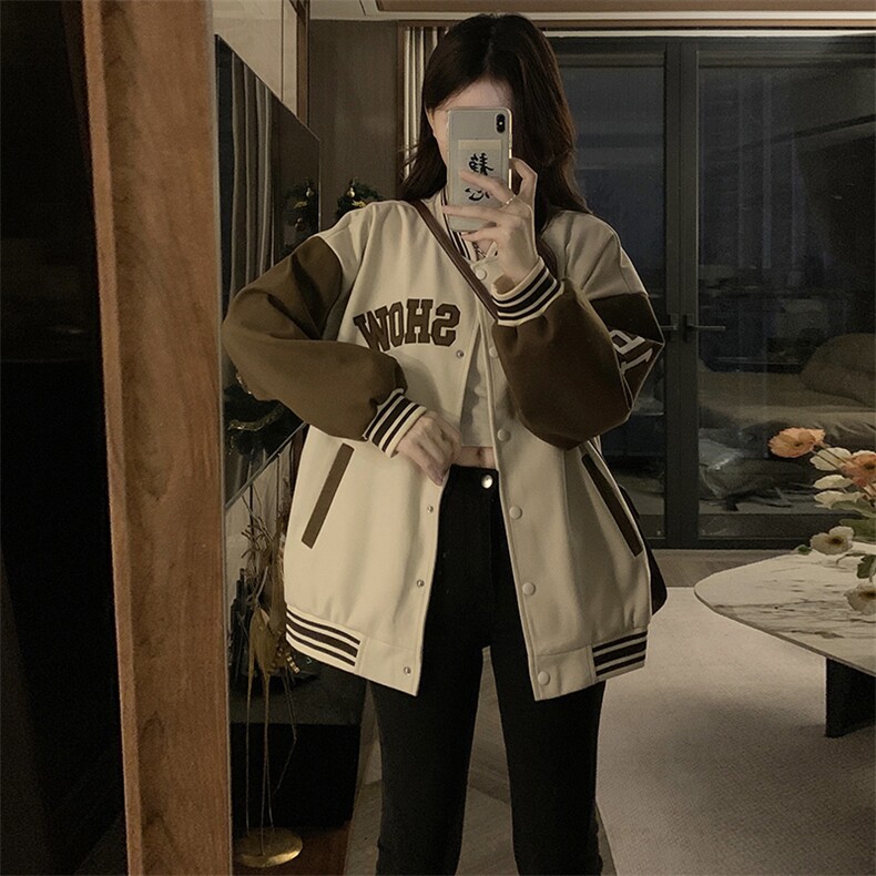 春季棒球服绣花拼接新款连帽卫衣开衫女宽松学生上衣外套C689-88,女装短外套,星座911-2(原星座613-2）
