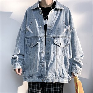 2021秋季新港风白墙日系大码男仙鹤刺绣牛仔衣夹克外套NJ125-P70图片