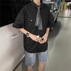 日系五分袖春夏季新款衬衫潮流慵懒男方领宽松型衬衫AC121P23图片