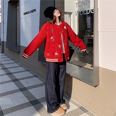 2025红色休闲韩系条纹棒球服外套女毛绒绒冬季羽绒服保暖上衣新款，女装羽绒服，艾米莉亚