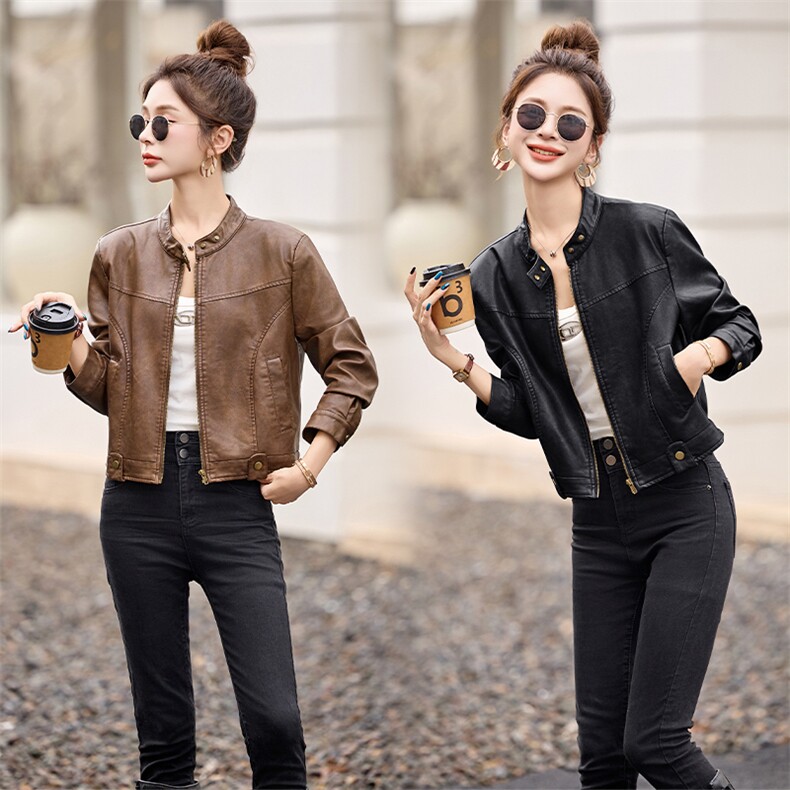 美式复古美拉德穿搭短款皮衣2025新款辣妹修身棕色夹克机车外套女，女装皮衣，江南女神