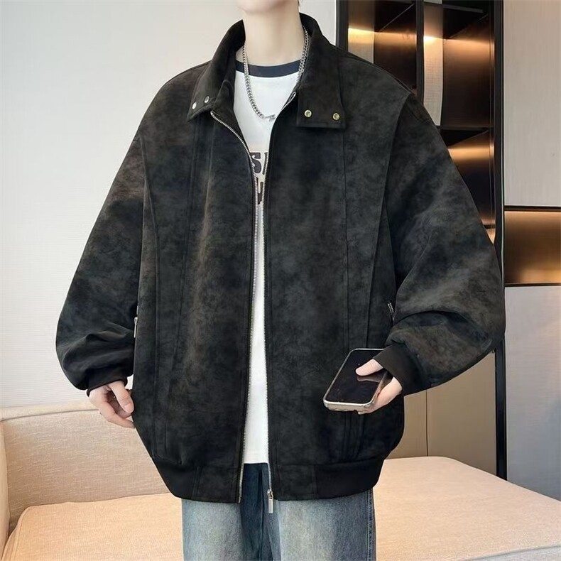 美式复古扎染PU皮夹克男女同款春秋款潮牌宽松休闲立领港风外套,男装夹克,星座1210-1