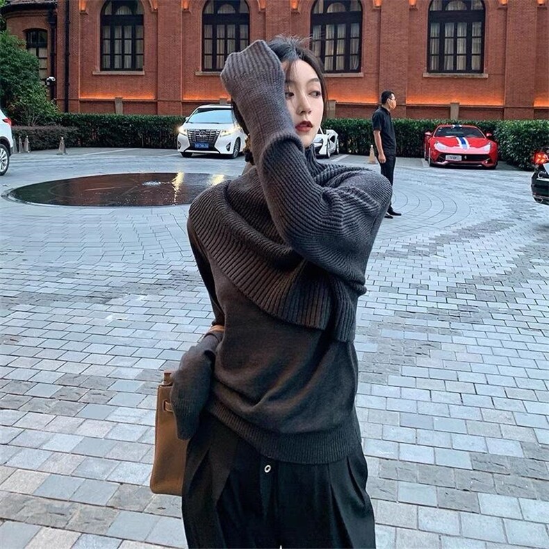 现货现货，个性假两件设计师款毛衣，深灰，黑色，军绿，咖色四个，女装针织衫/毛衣，CHERRY·印