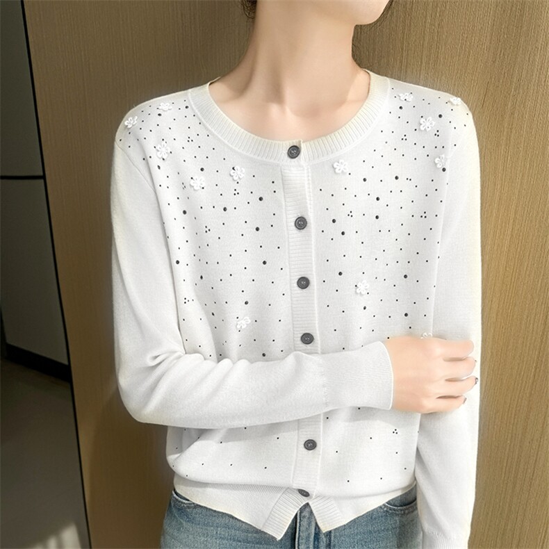重工绣花精纺羊毛开衫女圆领烫钻针织衫长袖毛衣外套宽松外搭上衣,针织衫/毛衣,暮绒羊羊绒