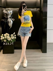 女夏季新款韩版运动休闲套装卡通印花圆领短袖宽松牛仔短裤两件套，女装套装/套裙，江南