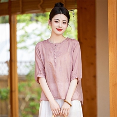亚麻上衣女高端苎麻套装2025新款夏季时尚绣花透气凉爽裤两件套，女装套装/套裙，衣之秀