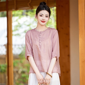 亚麻上衣女高端苎麻套装2025新款夏季时尚绣花透气凉爽裤两件套图片