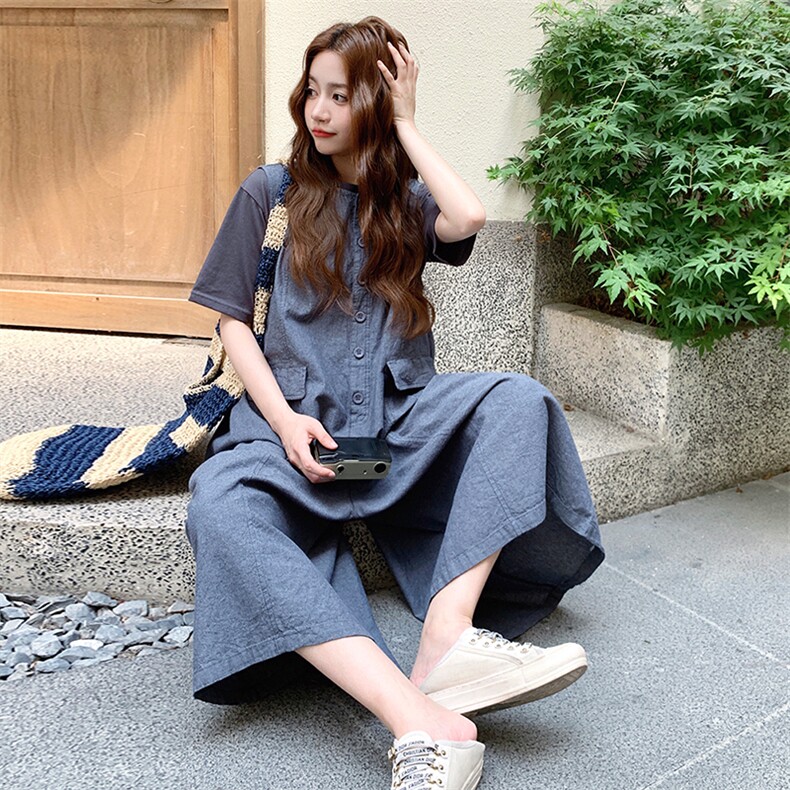 日系慵懒风无袖连体裤套装女2025夏新款小个子宽松休闲T恤两件套图片
