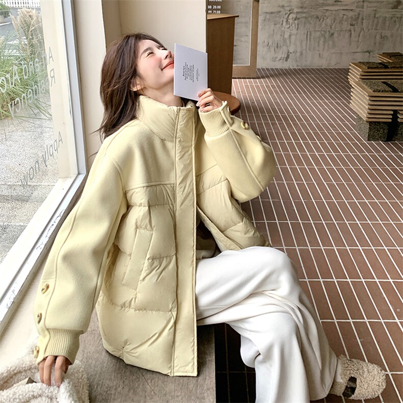 新款现货主推毛呢拼接中长款立领羽绒服9955-P285-K408,女装羽绒服,2C129