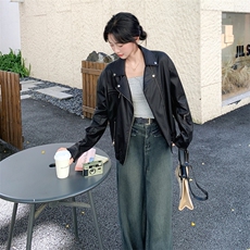 黑色中性风机车皮衣外套女2025秋季新款高级感时尚炸街百搭夹克潮，女装皮衣，2C058