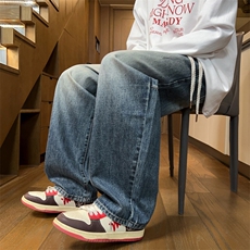 复古弯刀牛仔裤男美式高街渐变阔腿裤宽松直筒休闲裤J8096-P50，男装牛仔裤，星座509