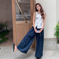 休闲宽松短袖衬衫高腰阔腿裤套装女2025夏季新款韩版高级感两件套，女装套装/套裙，2C299