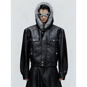 网图美潮PU皮机车服红铆钉座山雕棉服外套W1888/特P148