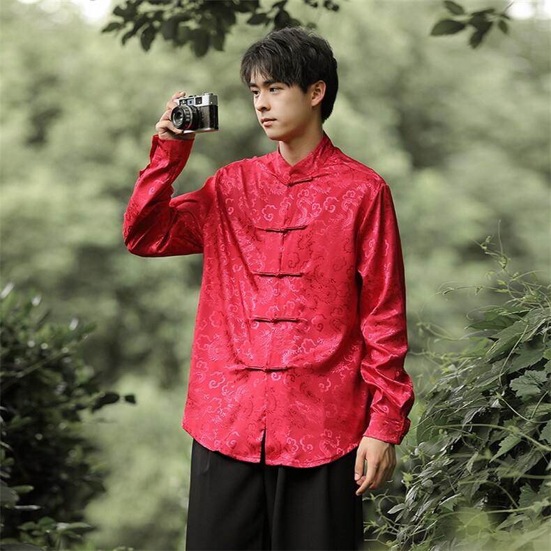 秋冬新中式潮风绸缎暗龙提花复古立领盘扣长袖衬衫C953,男装衬衫,星座305A（原312A-1）