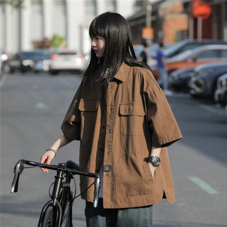 日系复古工装短袖衬衫男女中性宽松百搭情侣五分袖上衣S6322-p38，女装衬衫，星座1008-2