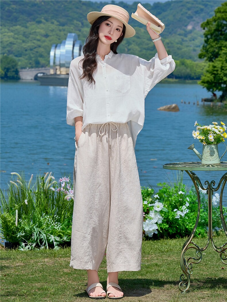 棉麻长袖套装女2026年夏季新款吸汗透气亮色翻领上衣直筒气球裤,女装套装/套裙,梦懿尔