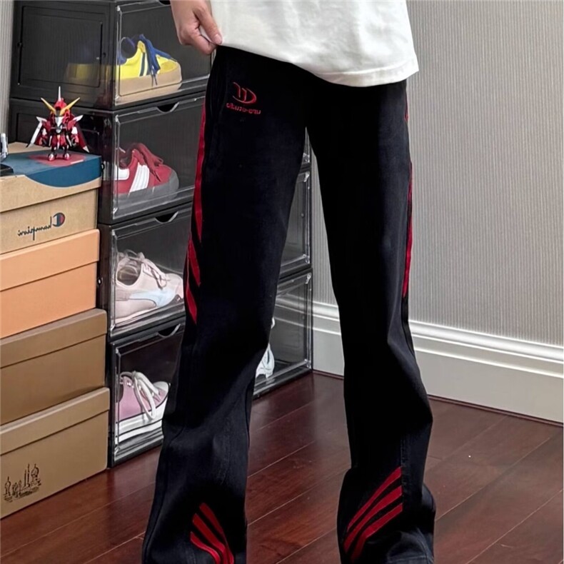 三杠条纹红黑撞色拼接显瘦微喇牛仔裤男小众设计感美式工装直筒裤,男装牛仔裤,星座302B