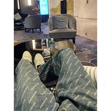 美式复古字母满印蓝色牛仔裤欧美高街hiphop裤子设计感高级长裤男，女装休闲裤，星座506A
