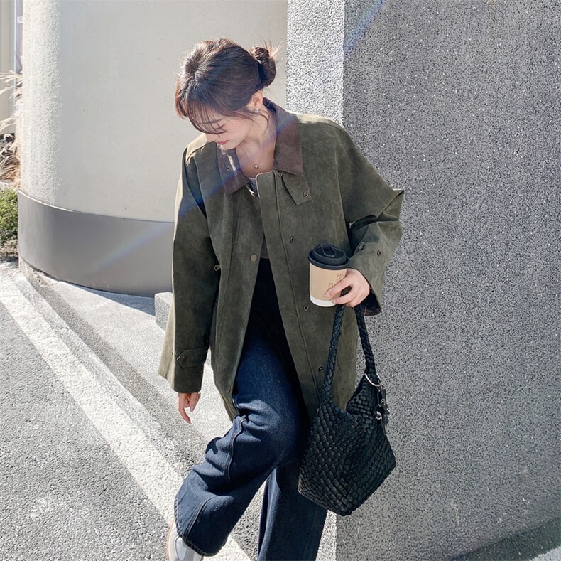工装风复古军绿色廓形翻领夹克短外套2C212-G217-P185-K298,女装短外套,2C212