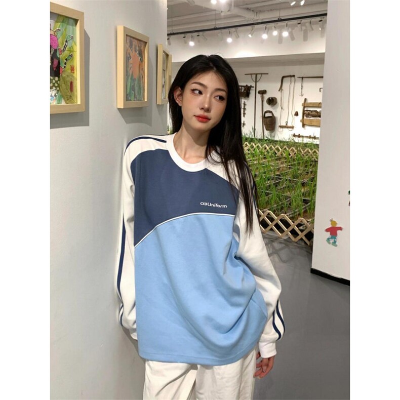 5387-P50华棉复合学院风撞色圆领韩版卫衣薄款/加绒,女装卫衣/绒衫,星座617A-2