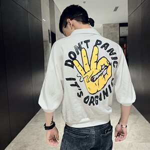 CS26 P48黑色2021夏装精神小伙印花七分袖男装修身衬衫图片