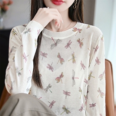 2025新款精纺羊毛针织衫女圆领蜻蜓印花长袖T恤薄款防晒衫打底衫，女装针织衫/毛衣，羿纯羊绒