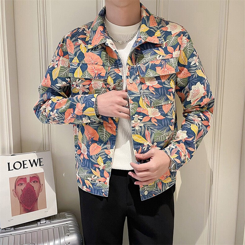 2025春季新款水洗男士牛仔夹克痞帅小伙个性提花印花图案外套，男装夹克，电商A225