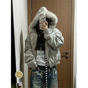 现货高品质美式高街冬季重磅硬挺短款座山雕毛领棉衣男女加厚外套图片
