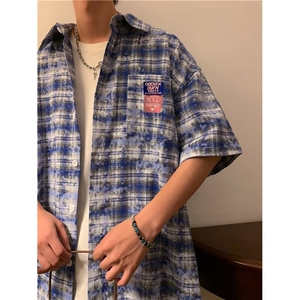美式格子衬衫男短袖ins设计感上衣夏季宽松情侣潮牌衬衣S918-p40图片