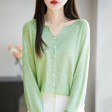 25春夏薄款V领卷边针织开衫女精纺羊毛纯色长袖毛衣宽松休闲上衣，女装蕾丝衫/雪纺衫，暖烁特种纱工厂店