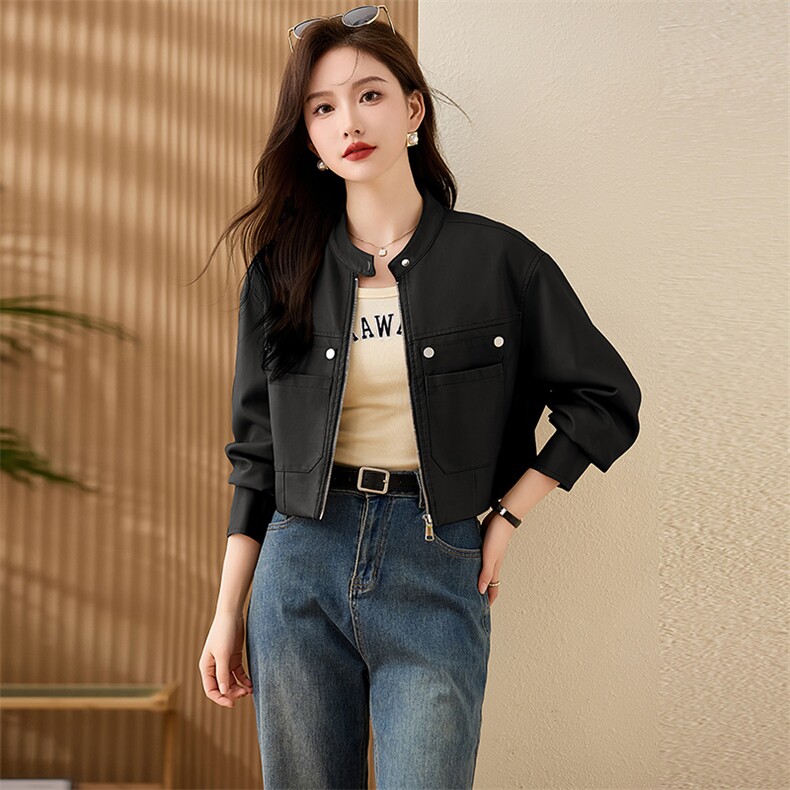 现货复古短款皮衣外套女2024春秋新款PU皮机车服秋季女式皮夹克,女装皮衣,江南女神