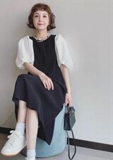 夏季新款欧货洋气拼接泡泡袖连衣裙，女装连衣裙，L·H·X