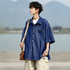 8XL-M冰丝牛仔短袖衬衫男款夏季薄款宽松慵懒衬衣外套DC28006P60，男装T恤，电商B312