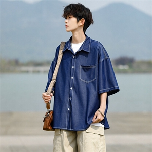 8XL-M 冰丝牛仔短袖衬衫男款夏季薄款宽松慵懒衬衣外套DC28006P60图片