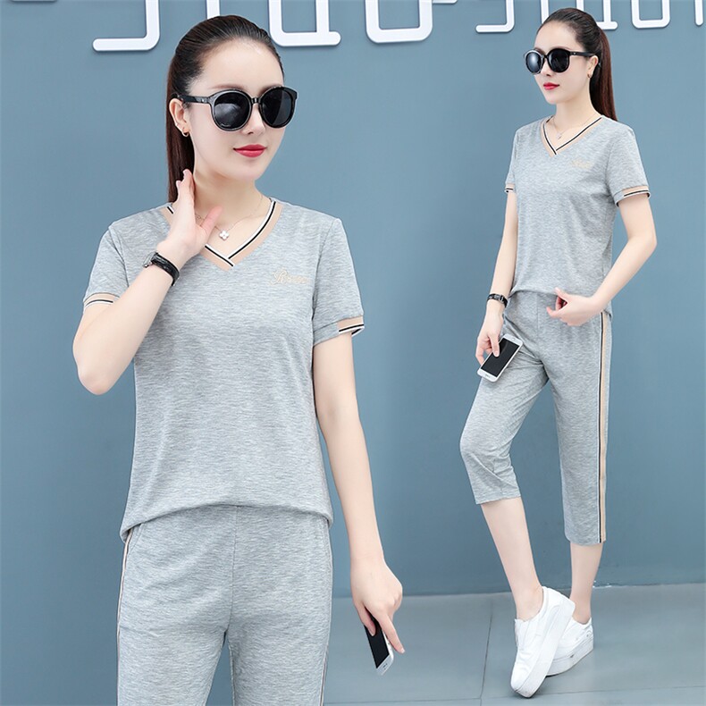 休闲运动套装女夏2023新款韩版时尚短袖七分裤两件套洋气跑步服潮,女装套装/套裙,燕颉服饰