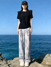 时尚简约套装女夏新款收腰显瘦圆领开叉不规则短袖印花长裤两件套，女装套装/套裙，江南