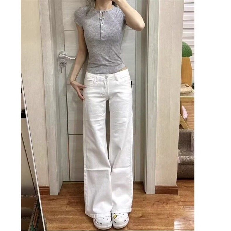 简约白色微喇低腰牛仔裤女春秋季新款高腰韩版ins休闲百搭拖地裤，女装牛仔裤，星座506A