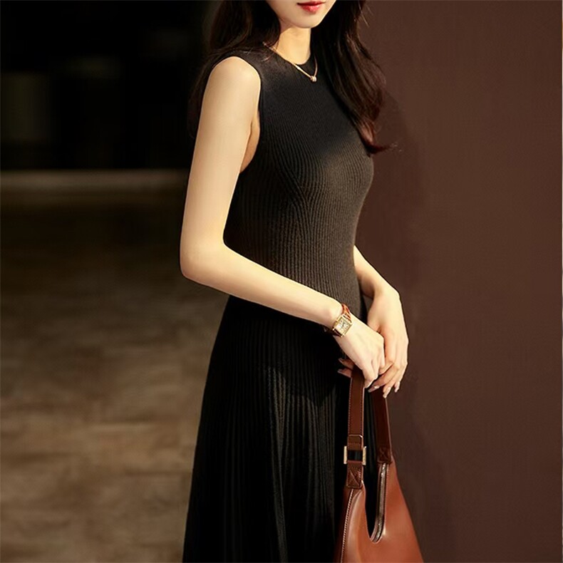 气质温柔时尚百搭显瘦纯毛抽条无袖连衣长裙,女装连衣裙,唯若美羊绒