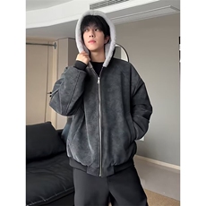 荔枝纹PU皮棉衣座山雕加绒夹棉连帽棉服男女冬季加厚保暖情侣外套，男装棉衣，星座410-7