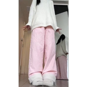 日系摇粒绒卷边棉裤女冬季百搭复古宽松保暖加厚夹棉直筒休闲裤潮图片