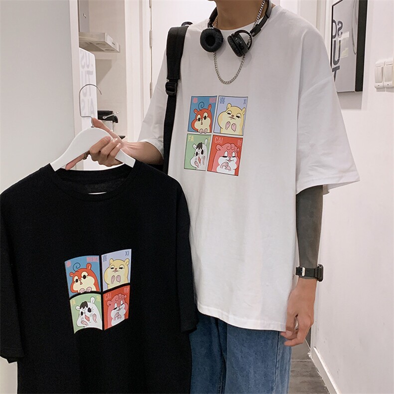 港风夏款宽松动物图案印花短袖男圆领中袖棉T恤衫T96,男装T恤,星座1013-1